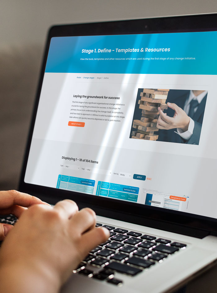 Lady viewing the define stage portal page on laptop