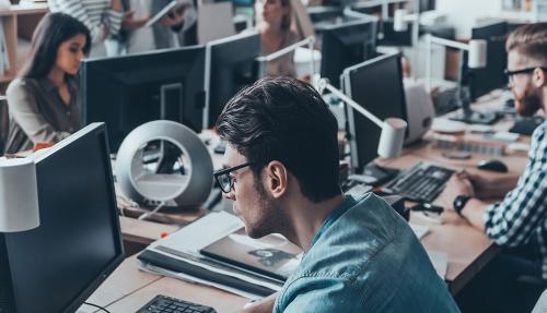 IT office with workers on computers