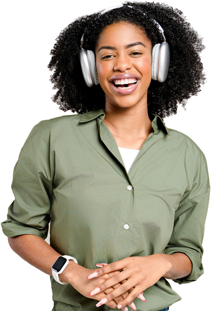 Young lady wearing headphones smiling