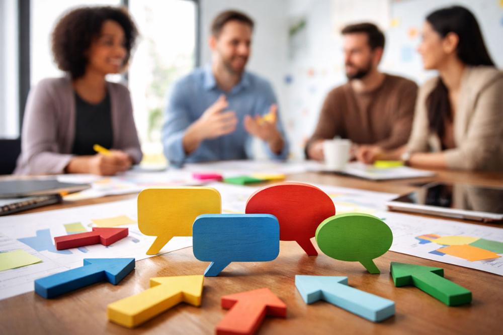 Team members discussing ideas around a table with colourful speech bubbles and arrows representing communication and organisational change