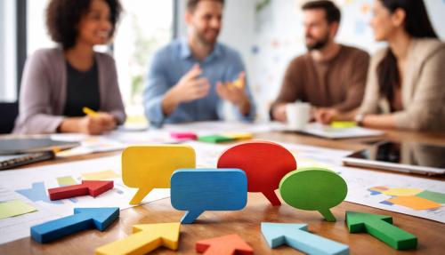 Team members discussing ideas around a table with colourful speech bubbles and arrows representing communication and organisational change
