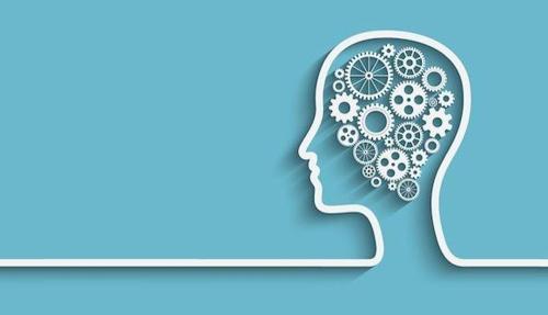 Simp0le line drawing of a mind with cog and line on a turqoise background