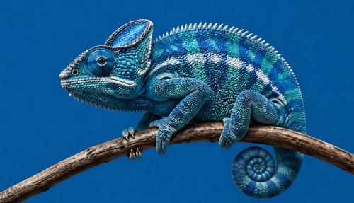 Chameleon on blue background blending in