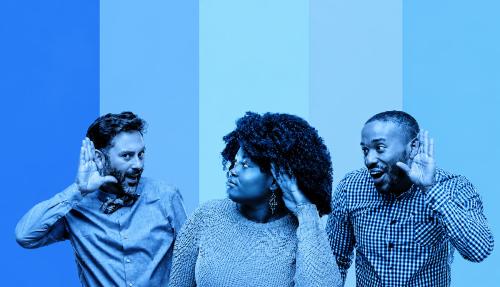 Blue background with people communicating