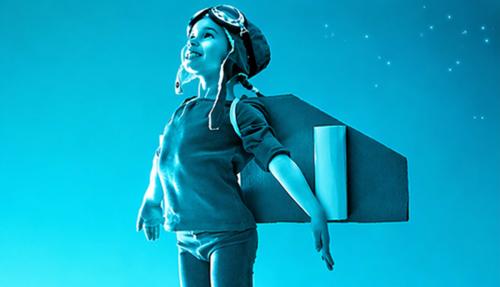 Child with wings pretending takeoff vibrant blue background